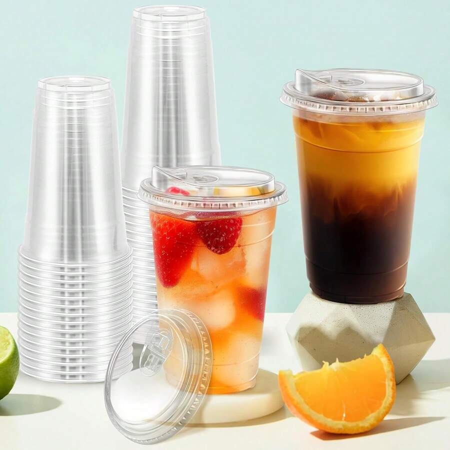 16 Oz 20/40/100 Pcs Clear Plastic Cups With Lids, Sturdy Iced Coffee Cups With Straw Lids, Food- Smoothie Cups, Suitable For Cold Drinks, Juice, Milkshake Party Cups