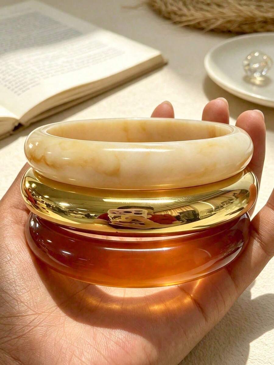 3pcs Elegant Retro Acrylic Bangle Bracelet Set, Fashionable Tube Design Suitable For Daily Casual Wear, Acrylic Material Without Inlaying, Suitable For Daily, Party And Holiday Occasions - Multicolor - View 1