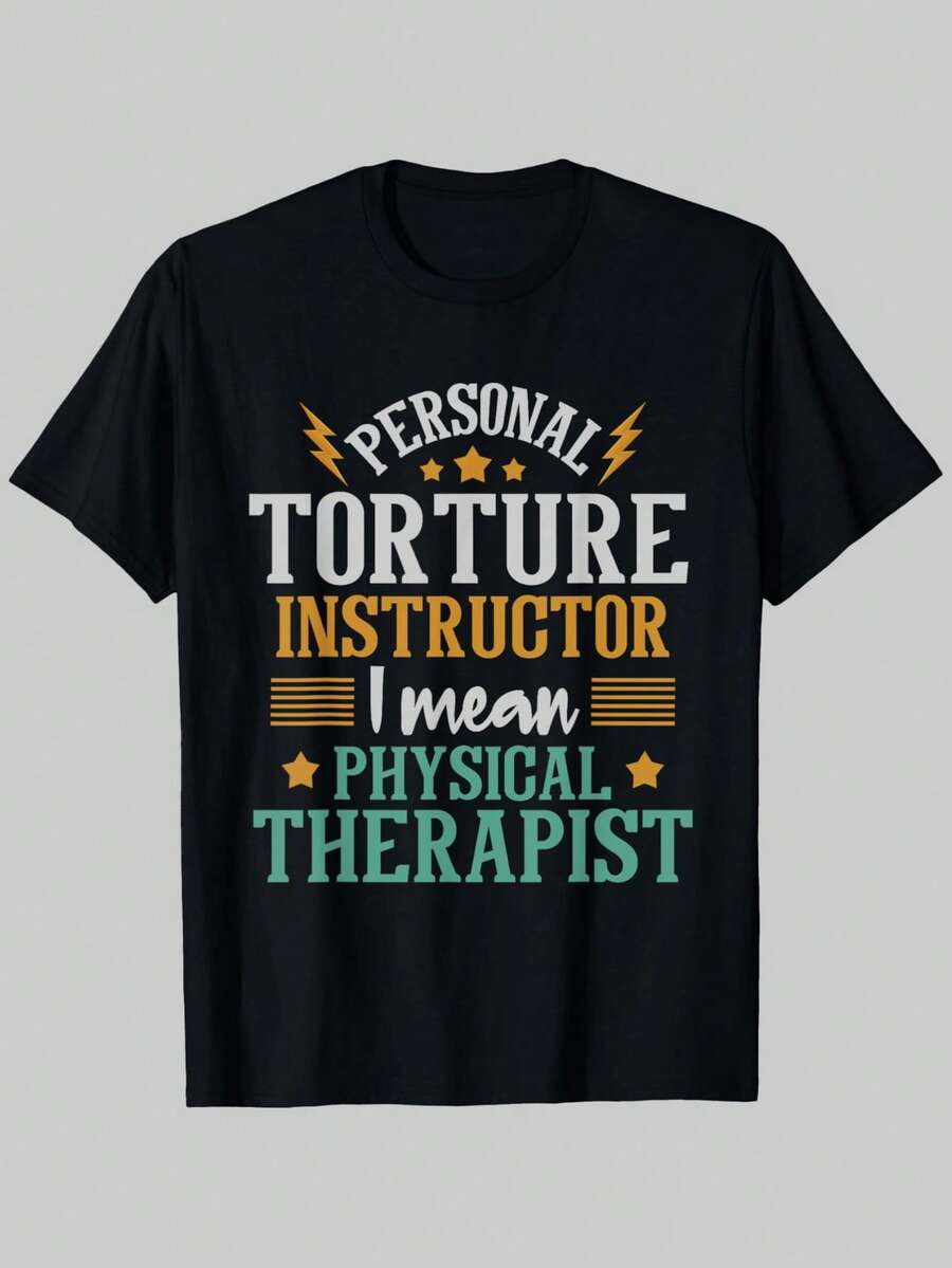 Interesting Physical Therapist T Shirt - Personal Torture Trainer PT - Fun Prints - Orange And Cyan Letters On A Black Background - Al T Shirt - Black - View 1