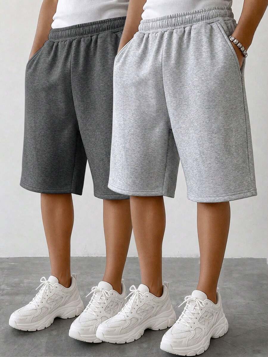 2pcs/Pack Boys' Teen Summer Casual Solid Color Minimalist Daily Versatile Outdoor Sports Milk SilkBermuda Shorts - Multicolor - View 1