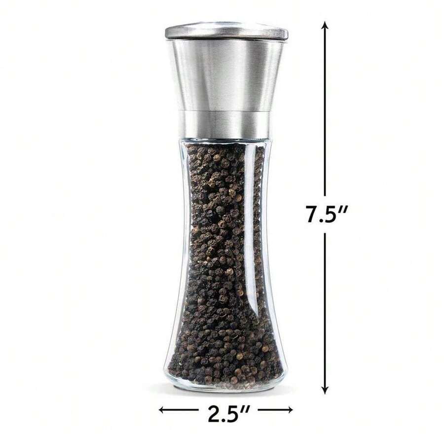 Salt And Pepper Grinder Tall Size - Black Pepper,Herb Shakers Mill Refillable Manual - Stainless Steel Lid - Adjustable Coarseness - Glass Material- Fits In Home,Kitchen,Barbecue