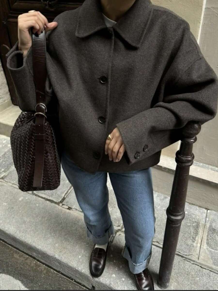 女款秋冬短款翻領夾克,長款落肩袖,前扣鈕扣設計,附口袋,無彈力面料 - 深灰色 - 查看 1
