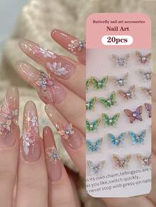 20pcs 3D Holographic Butterfly Nail Art Charms, Rhinestone Embellished Transparent Butterfly Nail Stickers, DIY Decorative Accessories For Phone Case, Aromatherapy, Handmade Crafts - Multicolor - View 3