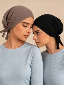 2 piezas Sombrero bufanda ajustable con banda elástica de unicolor para mujer - 2 piezas negro + caqui - Ver 3