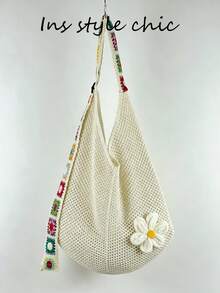 Crochet Floral Decor Colorful Square Crochet Strap Knit Shoulder Bag Open Closure Spacious Convenient Access Suitable For Travel Vacation Outing Commute Shopping - Beige - View 9