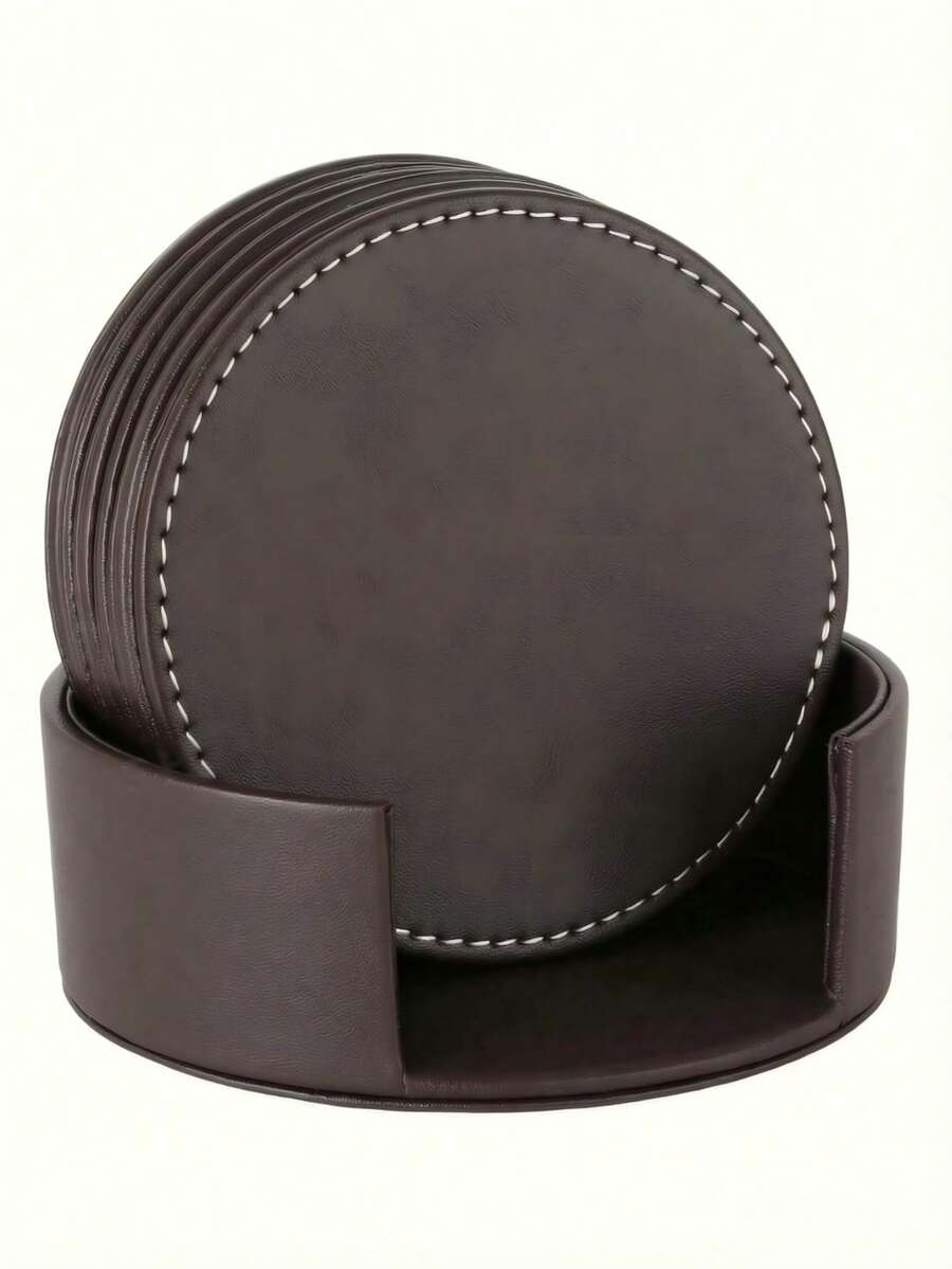 6pcs/Set (5 Coasters + Storage Box) 4-Inch Round PU Leather Coasters, Waterproof Heat-Resistant Thick Anti-Scald Tabletop Protector, Creative Coasters, Suitable For Home Kitchen Restaurant Hotel, Home Tabletop Decor, Daily Use, Christmas Gift, Holiday Decoration - Multicolor - View 1