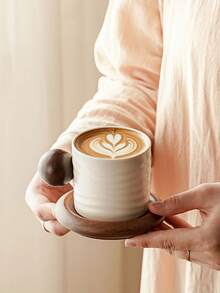 Japanese Wabi-Sabi Ceramic Coffee Cup & Saucer Set With Handmade Texture And Round Wooden Handle – Ideal For Home Afternoon Tea, Latte Art, And Daily Brew – Rustic Elegance For Warm, Inviting Sips. - Multicolor - View 1