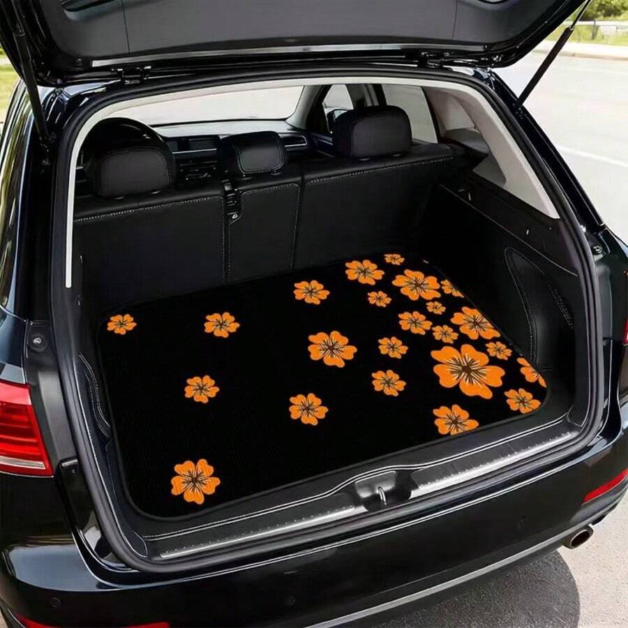 1pc Orange Flower Black Pattern Printed Trunk Mat, Travel Essential, Durable Polyester Material, Universal For Multiple Car Models, Essential Interior Decoration For Your Car, Enhances Car Atmosphere, Suitable For Most Users, Also For Daily Commuting, Self-Driving Trips And Family Use. - Orange Flowers - View 1