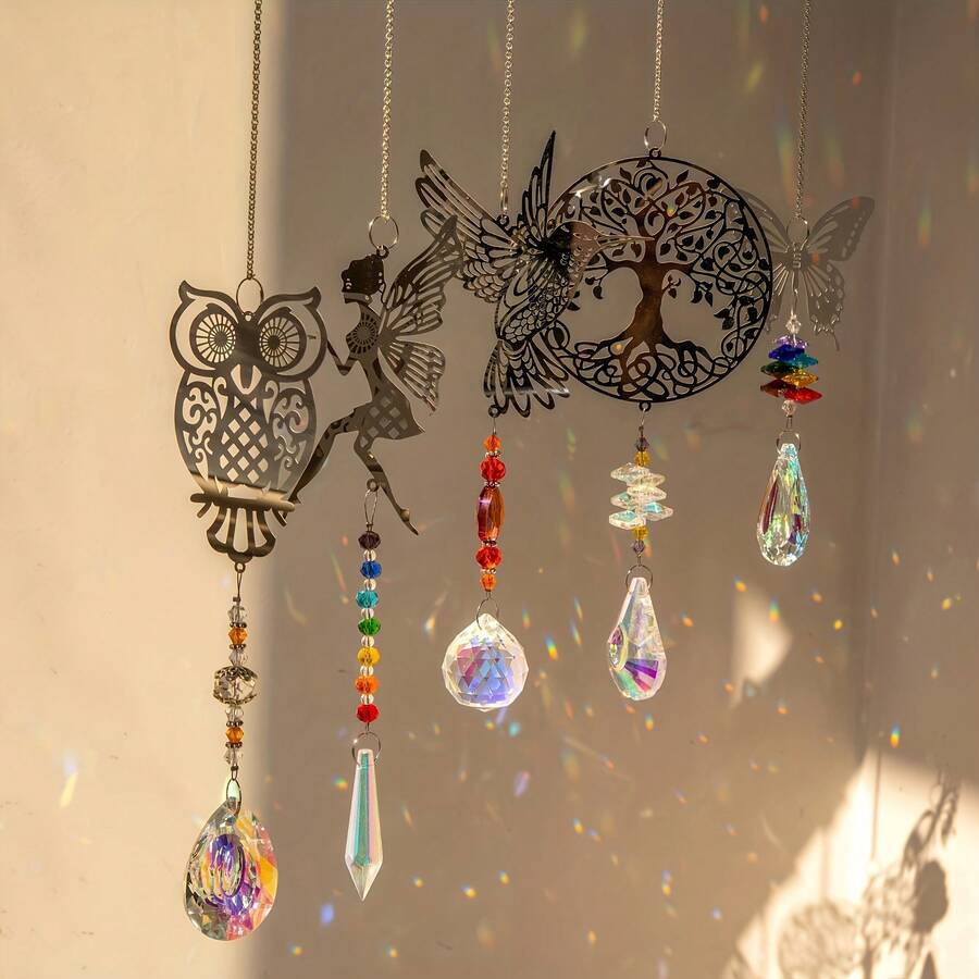 1pc/5pcs Hanging Sun Catcher, Sacred Metal Pendant, K9 Crystal Prism, Rainbow Maker, Suitable For Windows, Garden And Home Decor Gift - 5-piece Stainless Steel Set - View 1