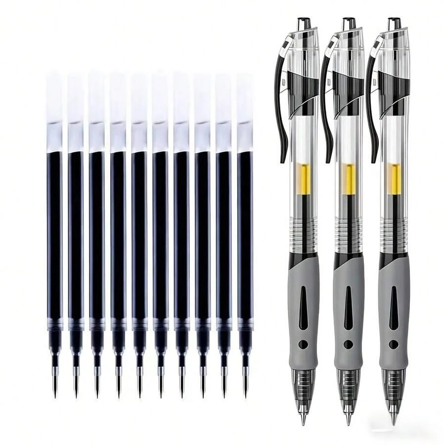 13pcs High-Capacity Gel Pen Set, 0.5mm Fine Point, 3 Pens + 10 Refills, Black Ink, Comfortable Grip, Quick-Drying, Smooth Writing, Ideal For Note-Taking And Writing, Perfect Office And School Supplies, Great Choice For Birthday Gifts - Sets - View 1