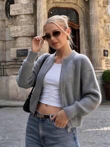 Women's Autumn/Winter Casual Grey Ribbed Zip-Up Thickened College Style Short Knit Cardigan, Round Neck Loose Long Sleeve Short Halloween Sweater Jacket - Grey - View 6
