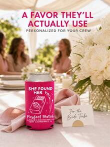 Personalized Can Sleeve For Bachelorette Party, Custom Name And Location Can Cooler With A Match Made In Heaven Artwork, Bridal Shower Drink Accessory For Beach Weekends, Bride Squad Events And Celebration Keepsake - Multicolor - View 7