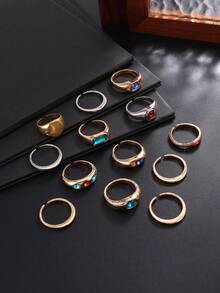 13pcs Fashion Hip Hop Multicolor Rhinestone Rings, Minimalist Geometric Knuckle Rings, Suitable For Stacking, Daily & Party Wear, Holiday Gift, Men's Ring Set - Multicolor - View 5