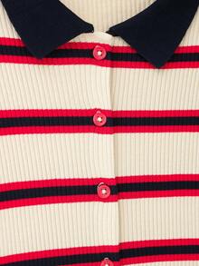 CAREE Women's Spring/Summer White Red Navy Blue Horizontal Striped Peter Pan Collar Ruffle Short Sleeve Cropped Knit Cardigan - Multicolor - View 6