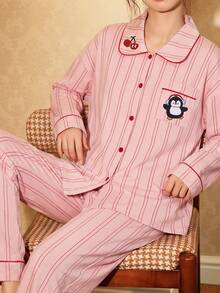 Gongdie 2 Pieces Women Pajama Set,Fall Pink Striped Soft Cotton Loungewear With Red Contrast Piping And Penguin Graphic - Pink - View 3