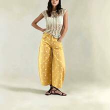 Pants For Women,Women High Waist Polka Dot Barrel Pants, Seam Detail Loose Cropped Casual Denim Trousers - Reddish-brown - View 3
