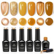 Beetles 6 Colors Cat Eye Gel Polish Set, Fall Retro Honey Gold Glitter, Mustard Yellow Amber Brown Shimmer Magnetic Effects, Soak Off UV LED Nail Art For DIY Manicure - 6色復古蜂蜜金閃粉貓眼 - 查看 1