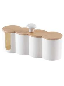 1pc 4-In-1 Cotton Pad Storage Box & Cotton Swab Dispenser, Multi-Functional Vanity Organizer With Wooden Dust Cover, 4-Compartment Cosmetic Storage Container For Cotton Balls, Cotton Swabs And Sponges, Desktop Organizer - Multicolor - View 11