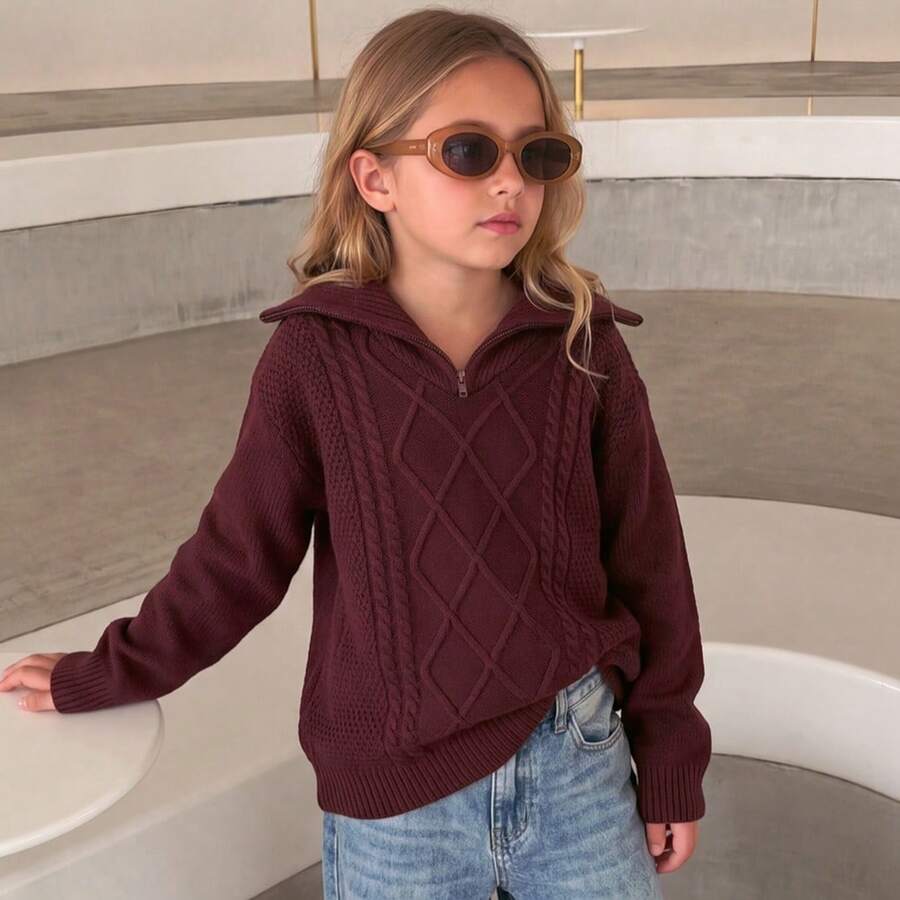 Girls Braided Half-Zip Sweater, Long Sleeve Casual Pullover, Suitable For School And Daily Wear, Autumn/Winter Tween Girls Clothing - Burgundy - View 1