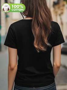 Plus Size Women's Gothic Witch T-Shirt, Printed With Witch Hat And Bat Pattern, Suitable For Halloween Costume, Crew Neck Casual T-Shirt Black Summer - Black - View 3