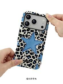 GIIPPA 1pc Leopard Print Bottom & Blue Five-Pointed Star Pattern Design, Phone 17 Pro Max Phone Case, Compatible With Phone 16 Pro Max, 15 Pro Max, 14 Pro Max, Korean-Style High-End Fashionable & Fun Phone Case, Suitable For 11/12/13/14/15/16 Pro Max Plus, Elegant Design For Men & Women, Perfect Gift For Girlfriend On Christmas, Valentine's Day, Easter, Wedding Season And Birthday! - Blue - View 6