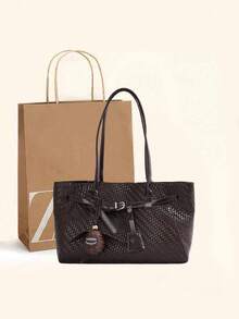 Sac fourre-tout de luxe à la mode, nouveau style vintage, couleur unie, tissé texturé gaufré, style européen et américain, grande capacité, sac à bandoulière de navette haut de gamme, livré avec un breloque de pomme, élégant et décontracté, pour les courses, le travail quotidien, le maquillage, l'ombrelle, résistant à l'usure, en tissu doux, pour les étudiantes, les cours, les courts voyages, polyvalent pour les déplacements quotidiens, sac fourre-tout pour femmes - Multicolore - Voir 4