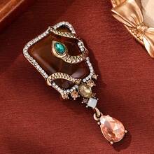 Artistic Snake-Shaped Brooch With Snake Pattern Winding Around Amber, Emerald, Pink Quartz Drop, Luxurious Texture Coat Brooch Accessory - Multicolor - View 3
