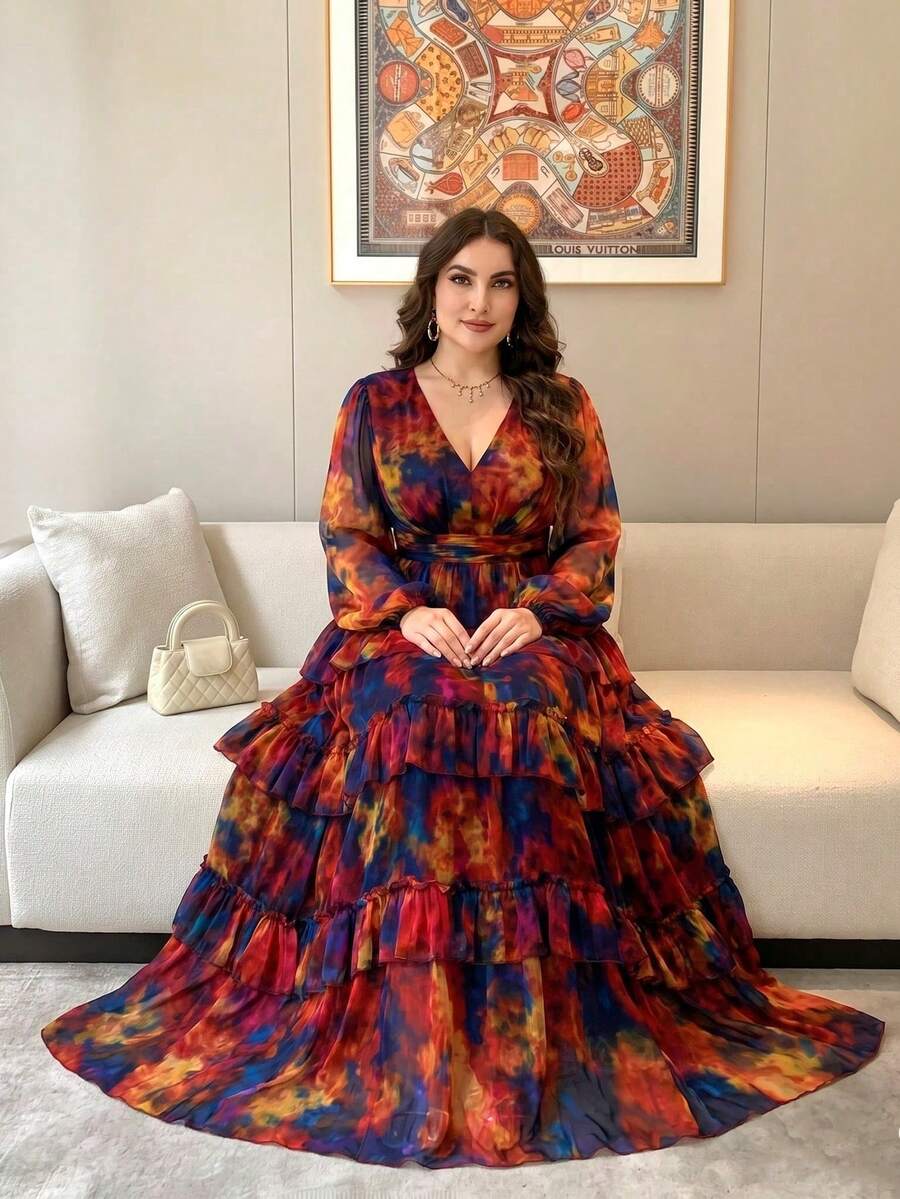 Plus Size Women's New Elegant Romantic Floral Patchwork Design Swing Dress Vacation - Multicolor - View 1