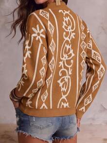 女款復古幾何提花假領長袖落肩針織套頭衫,寬鬆版型百搭上衣,適合秋冬 - 駝色 - 查看 3