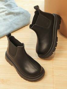 1 Pair Kids Black Chelsea Ankle Boots, Elastic Side Design, Back Pull Tab, Round Toe Non-Slip Thick Sole PU Boots, Kids Ankle Boots, Suitable For Pants And Skirts, Perfect For Daily School, Outings, Spring Autumn Winter - Black - View 6