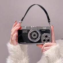 1pc 3D Camera Litchi Texture Phone Case With Lanyard, Shockproof Protective Cover, Style, Different Models Have Different Hole Positions, Subject To Actual Product Received - Black - View 2
