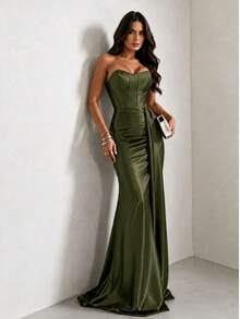 Satin Dress For Parties And Special Occasions, Strapless, Elegant - Olive Green - View 4