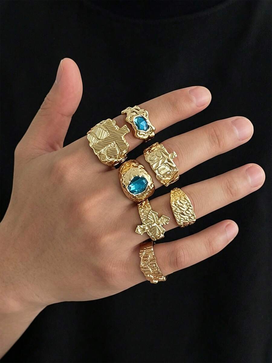 7pcs Fashion Hip Hop Punk Liquid Geometric Metal Rings, Rhinestone Inlaid, Adjustable Knuckle Rings, Gift, Holiday Gift, Men's Ring Set