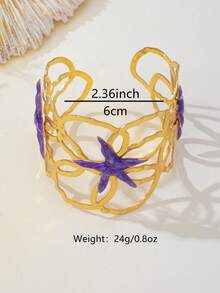 Vintage Ocean Style Hollow Hammered Open Cuff Bracelet, Purple Oil Drop Starfish Design Beach Vacation Vibe Wide Bangle - Purple Starfish - View 11