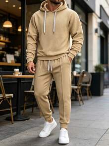 Men's Solid Textured Hoodie Jogger Set, Contrast Striped Drawstring Pullover Hoodie & Cuffed Jogger Pants, 2-Piece Autumn Sports Casual Outfit - Apricot - View 5