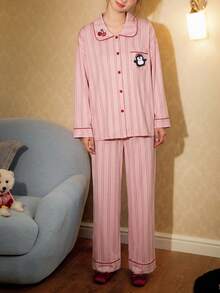Gongdie 2 Pieces Women Pajama Set,Fall Pink Striped Soft Cotton Loungewear With Red Contrast Piping And Penguin Graphic - Pink - View 4