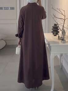 Women's Casual Minimalist Turndown Collar Long Sleeve Half-Placket Side Slit Long Shirt, Solid Color Woven Fabric Front Button Slit Commuting Office Daily Wear - Coffee Brown - View 3