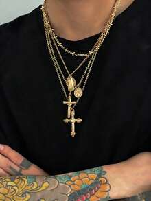 4pcs Minimalist Cross Pendant Necklace Set, Geometric Metal Chain, Casual Daily Wear For Men & Women, Holiday Gift - Gold - View 6