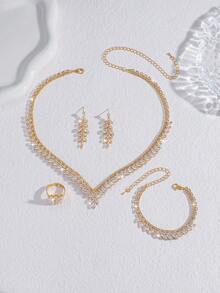 5pcs Luxury Zirconia Leaf Shaped Necklace, Earrings, Bracelet, Ring Jewelry Set, Elegant And Fashionable For Wedding, Party, Daily Commute - Silver - View 9