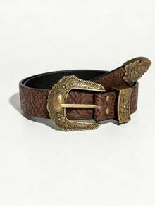 1pc Women's Vintage Embossed Western Buckle Denim Belt For Music Festival Outfit Decoration - Brown - View 1