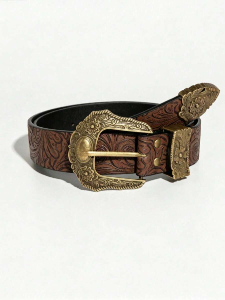 1pc Women's Vintage Embossed Western Buckle Denim Belt For Music Festival Outfit Decoration - Brown - View 1