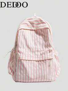 Dedoo Striped Student Backpack, Lightweight Washed Fabric, Front Pocket With Drawstring Side Pockets, Large Capacity Storage, Fresh Korean Style, Suitable For Teenage Girls Daily Use - Multicolor - View 2