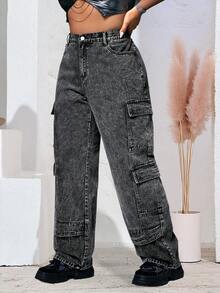 Grey Plus Size Straight Leg Wide Leg Cargo Jeans Women Solid Color Denim Fabric Pockets Plus Size Cargo Jeans Women Daily Holiday All Seasons - Grey - View 3