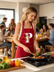 1pc Customized Letter Series Red Background Colorful Letter & Holographic Floral Pattern Cute Print Apron, Suitable For Christmas Party And Wedding. Applicable For Kitchen, Garden, Bathroom, Home Decor - Unique Initial Meaning Style, Christmas Gift - Multicolor - View 10