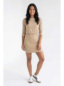 Women's Casual 3/4 Sleeve Mini Dress, Elastic Waist Design, Contrast Trim - Beige - View 1