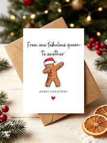 1pc Sassy Gingerbread Man Christmas Card With Envelope, Printed Dabbing Gingerbread Santa Hat Art, "From One Fabulous Queen To Another", For Besties & Best Friends, Secret Santa Holiday Gift Exchange, Blank Inside - A - View 6