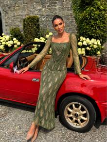 UNITHORSE [Random Cut] Square Neck Long Sleeve Tie-Waist Sequin Evening Dress - Olive Green - View 3
