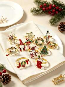 12pcs/6PCS/2PCS Christmas Painted Rhinestone Napkin Rings, Assorted Exquisite Christmas Napkin Rings, Christmas Home Party Table Decor Metal Napkin Rings, Christmas Restaurant Hotel Party Decor - Multicolor - View 3