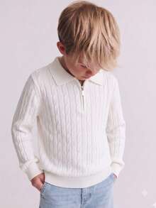 Boys' Preppy Solid Color Cable Knit Half-Zip Polo Collar Pullover Sweater, Suitable For School, Spring, Autumn, Winter - White - View 1