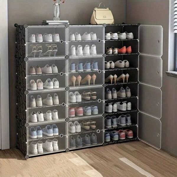 2-Row 8-Layer Shoe Rack, Holds 32 Pairs Of Shoes, DIY Modular Plastic Shoe Shelf With Transparent Dust-Proof Door, Space-Saving Entryway Home Dormitory Shoe Rack
